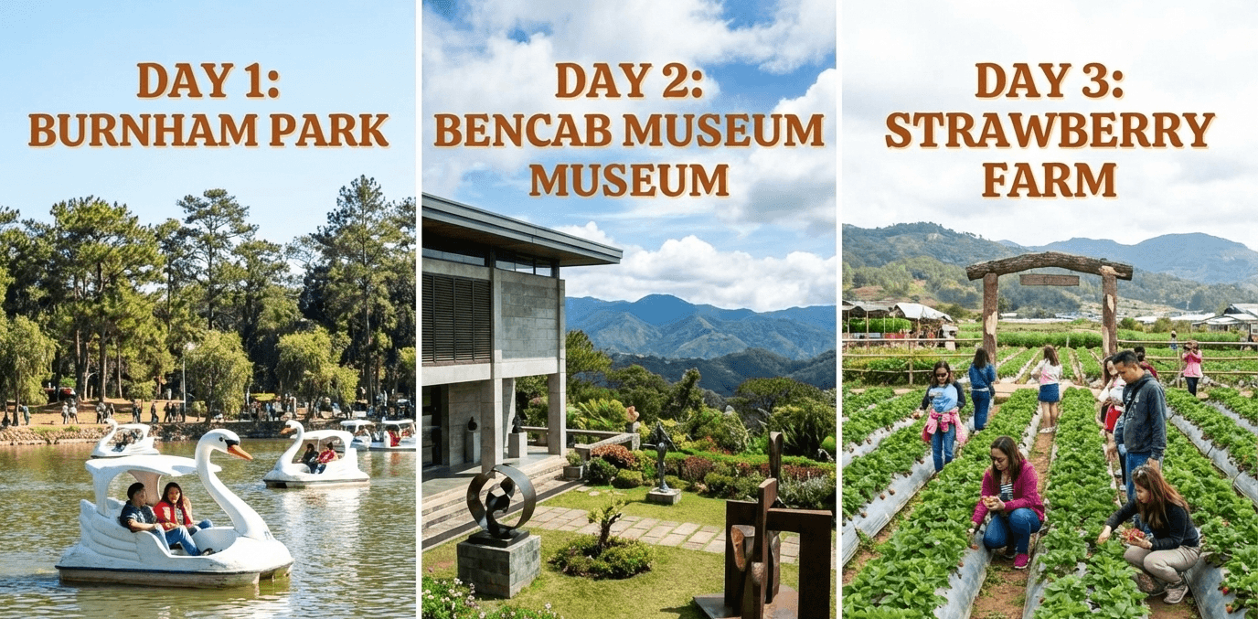 Split-screen showing Day 1 (Burnham Park), Day 2 (BenCab Museum), and Day 3 (Strawberry Farm)